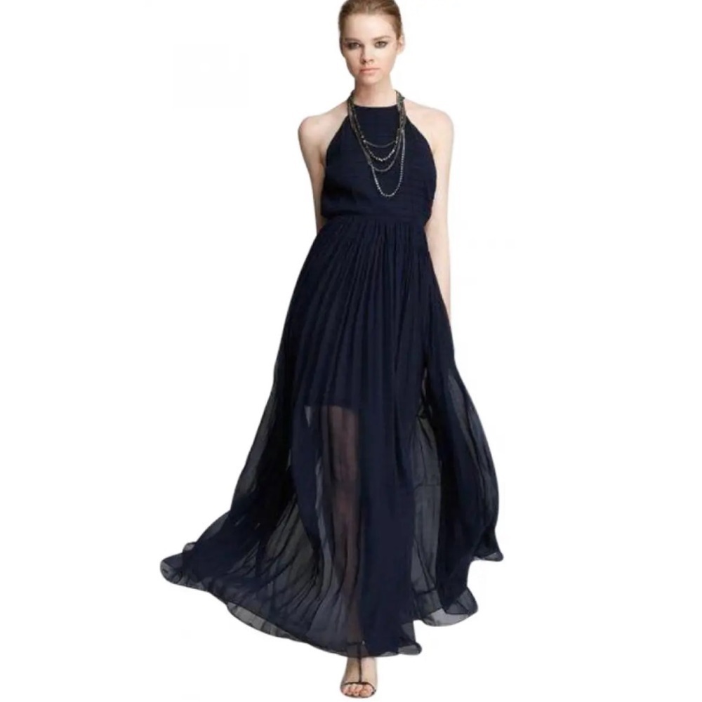 French Connection halter dress, split back, semi sheer sweep in navy blue Size 6